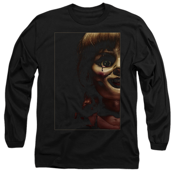 Black men's long sleeve t-shirt with Annabelle Doll Tear graphic