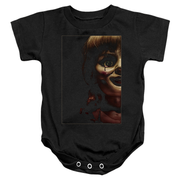 Black baby bodysuit with Annabelle Doll Tear graphic
