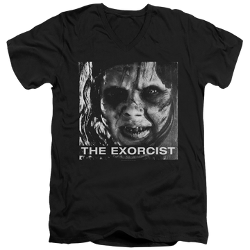 Black men's v-neck t-shirt with Exorcist Regan Approach graphic