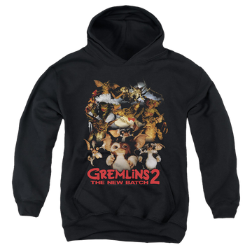 Black youth hoodie for ages 8 to 12 with Gremlins Goon Crew graphic