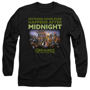 Black men's long sleeve t-shirt with Gremlins After Midnight graphic