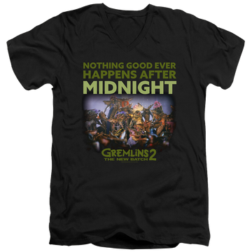 Black men's v-neck t-shirt with Gremlins After Midnight graphic