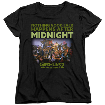 Black women's t-shirt with Gremlins After Midnight graphic