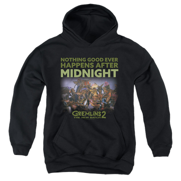 Black youth hoodie for ages 8 to 12 with Gremlins After Midnight graphic
