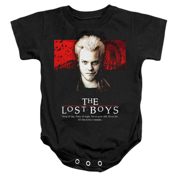 Black baby bodysuit with Lost Boys Be One Of Us graphic