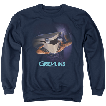 Navy men's crewneck sweatshirt with Gremlins Original Poster graphic