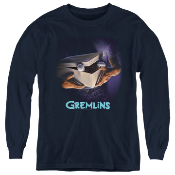 Navy youth long sleeve t-shirt with Gremlins Original Poster graphic