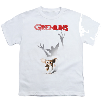 White youth t-shirt for ages 8 to 12 with Gremlins Shadow graphic