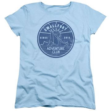 Light blue women's t-shirt with Smallfoot Adventure Club graphic