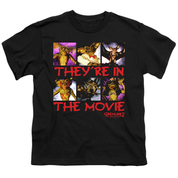Black youth t-shirt for ages 8 to 12 with Gremlins In The Movie graphic