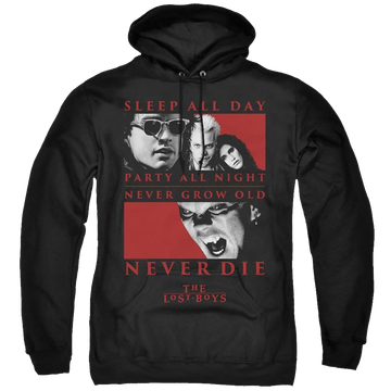Black pullover hoodie with Lost Boys Never Die graphic