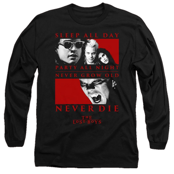 Black men's long sleeve t-shirt with Lost Boys Never Die graphic