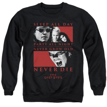 Black men's crewneck sweatshirt with Lost Boys Never Die graphic