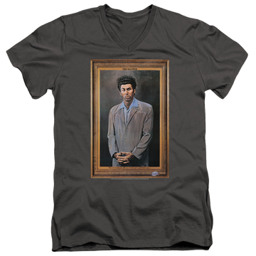Charcoal men's v-neck t-shirt with Seinfeld Kramer Portrait graphic