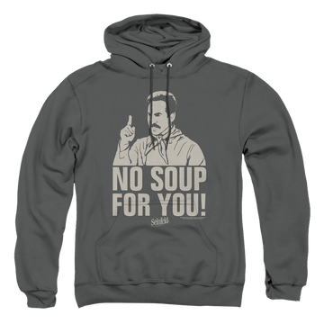 Charcoal pullover hoodie with Seinfeld No Soup graphic