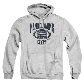 Athletic heather pullover hoodie with Seinfeld Madelbaum's Gym graphic