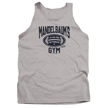 Athletic heather men's tank with Seinfeld Madelbaum's Gym graphic