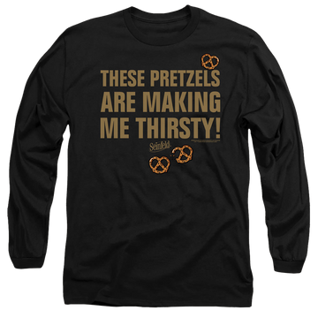 Black men's long sleeve t-shirt with Seinfeld Pretzels Thirsty graphic