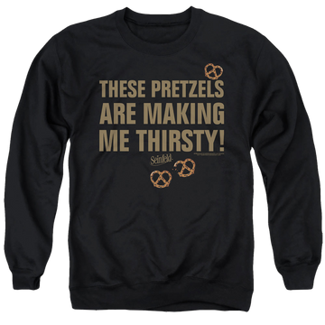 Black men's crewneck sweatshirt with Seinfeld Pretzels Thirsty graphic