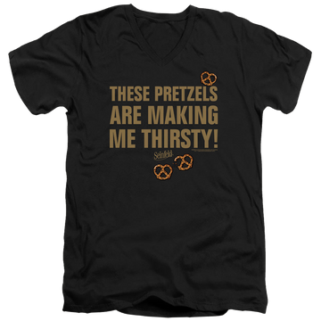 Black men's v-neck t-shirt with Seinfeld Pretzels Thirsty graphic