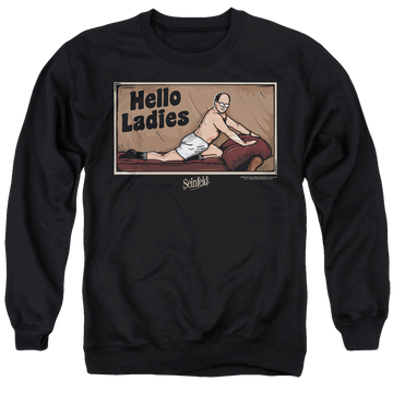 Black men's crewneck sweatshirt with Seinfeld Hello Ladies graphic