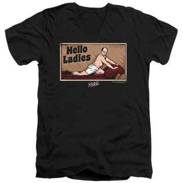 Black men's v-neck t-shirt with Seinfeld Hello Ladies graphic