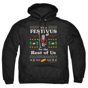 Black pullover hoodie with Seinfeld Festive Festivus graphic
