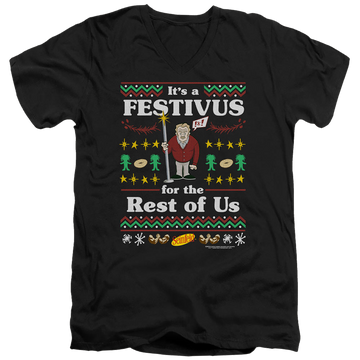 Black men's v-neck t-shirt with Seinfeld Festive Festivus graphic