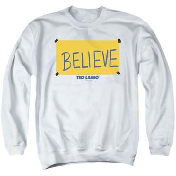White men's crewneck sweatshirt with Ted Lasso Believe Sign graphic