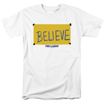 White men's regular fit t-shirt with Ted Lasso Believe Sign graphic