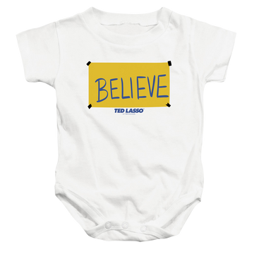 White baby bodysuit with Ted Lasso Believe Sign graphic