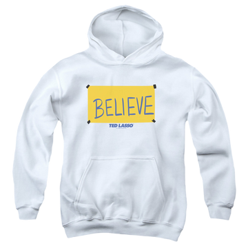White youth hoodie for ages 8 to 12 with Ted Lasso Believe Sign graphic