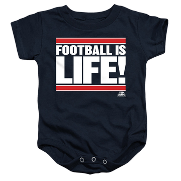 Navy baby bodysuit with Ted Lasso Football Is Life graphic