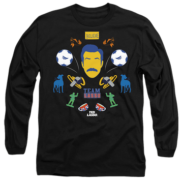 Black men's long sleeve t-shirt with Ted Lasso Icon Collage graphic