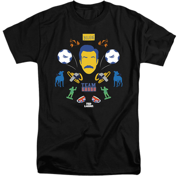 Black men's tall fit t-shirt with Ted Lasso Icon Collage graphic