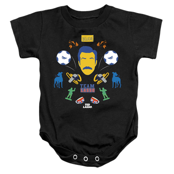 Black baby bodysuit with Ted Lasso Icon Collage graphic