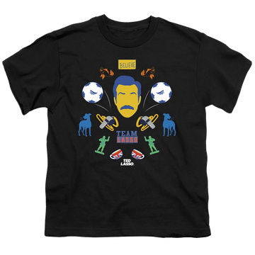 Black youth t-shirt for ages 8 to 12 with Ted Lasso Icon Collage graphic