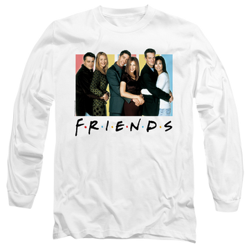 White men's long sleeve t-shirt with Friends Cast Logo graphic
