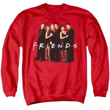 Red men's crewneck sweatshirt with Friends Cast In Black graphic