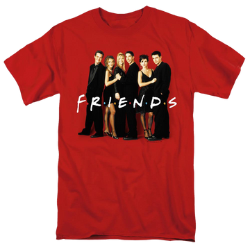 Red men's regular fit t-shirt with Friends Cast In Black graphic