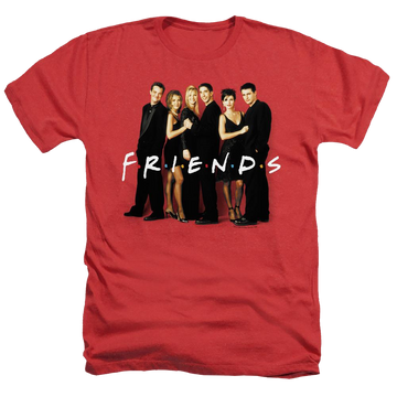 Red men's heather t-shirt with Friends Cast In Black graphic