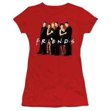 Red juniors t-shirt with Friends Cast In Black graphic