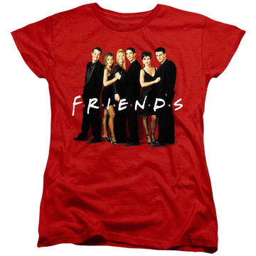Red women's t-shirt with Friends Cast In Black graphic