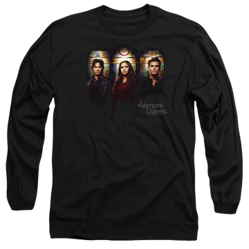 Black men's long sleeve t-shirt with The Vampire Diaries Stained Windows graphic