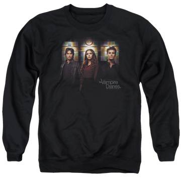 Black men's crewneck sweatshirt with The Vampire Diaries Stained Windows graphic
