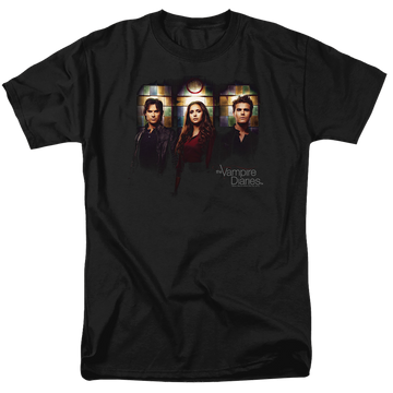 Black men's regular fit t-shirt with The Vampire Diaries Stained Windows graphic