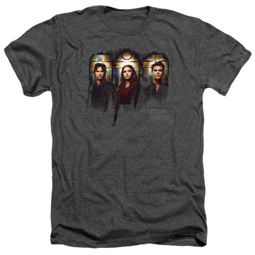 Charcoal men's heather t-shirt with The Vampire Diaries Stained Windows graphic