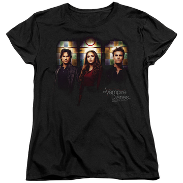 Black women's t-shirt with The Vampire Diaries Stained Windows graphic