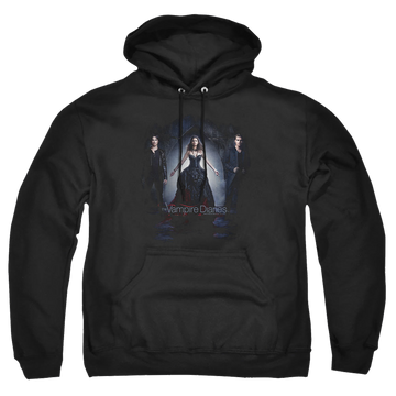 Black pullover hoodie with The Vampire Diaries Bring It On graphic
