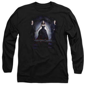 Black men's long sleeve t-shirt with The Vampire Diaries Bring It On graphic